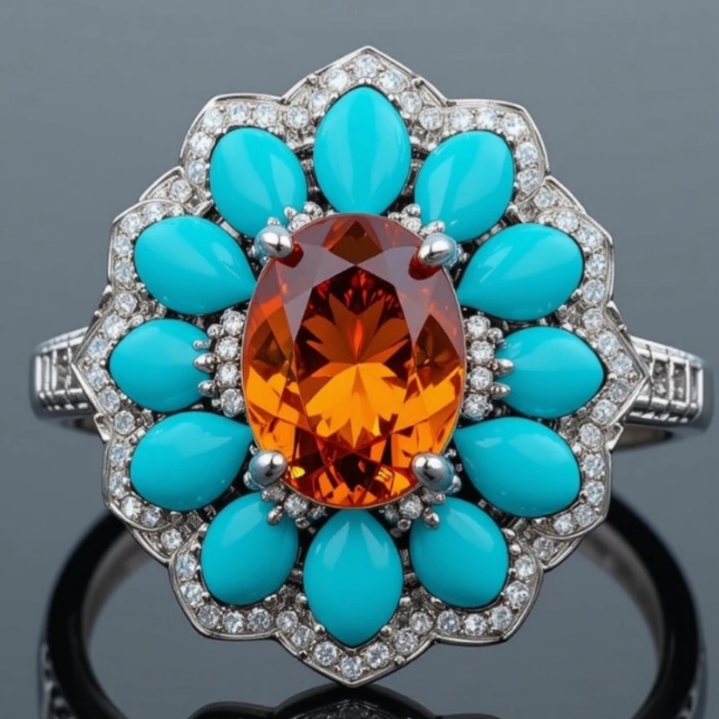 Ethnic Chic Fashion - Etnische stijl synthetische turquoise glanzende bloemenring