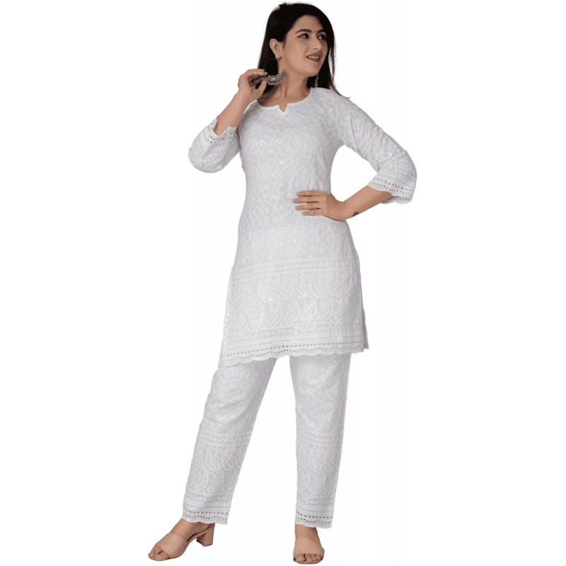 Salwar Kameez Set - Chikankari katoenen Indiase Kurtis voor dames,
